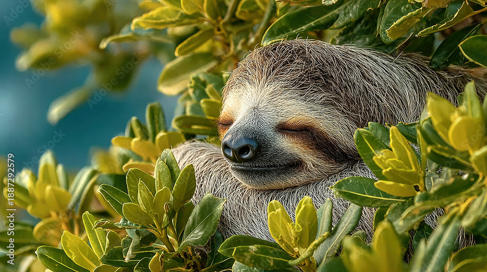 Obraz premium A sloth resting peacefully amidst lush green foliage.