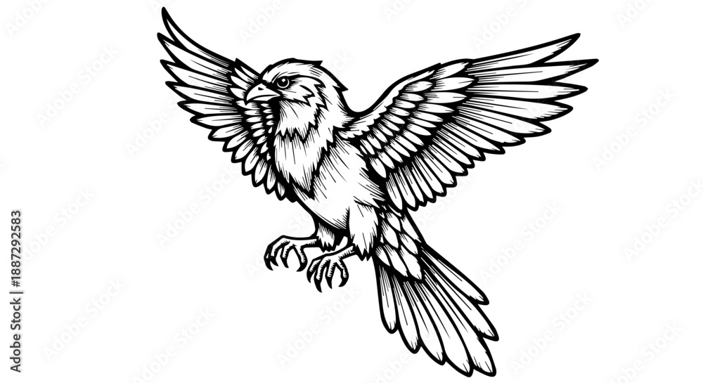 Fototapeta premium Black and white line drawing of a hawk in mid-flight with detailed feather texture