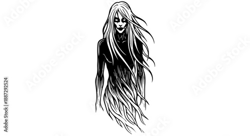 Black and white illustration of a female figure with long wild hair