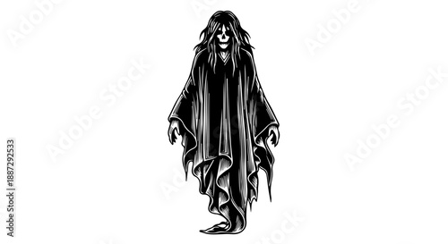 Black and white illustration of a ghostly figure with skeletal face and tattered robes