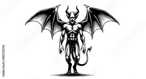 Black and white illustration of a muscular humanoid creature with bat-like wings and a pointed tail