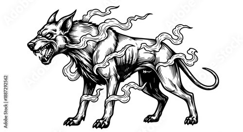 Wallpaper Mural Mythical wolf-like creature in aggressive stance, black and white illustration Torontodigital.ca
