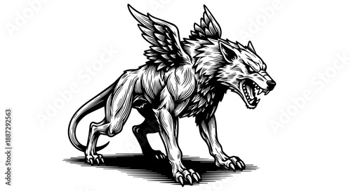 Black and white illustration of a mythical griffin-like creature in a dynamic pose