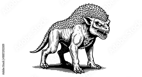 Black and white illustration of a mythical wolf-like creature with a fierce expression and dynamic pose