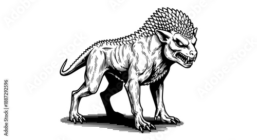 Black and white illustration of a mythical wolf-dinosaur hybrid creature