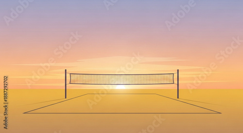 Beach volleyball net at sunset with orange purple sky and sandy court