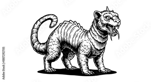 Mythical feline-reptilian hybrid illustration with intricate scales and sharp teeth