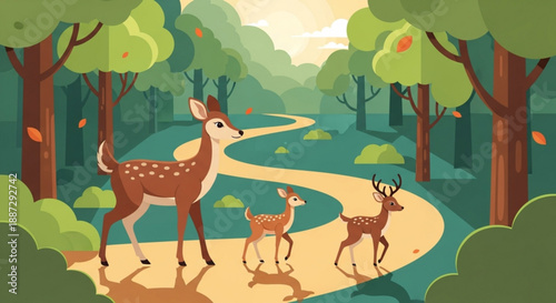 Deer family walking on forest path mother deer with fawn and buck in woodland scene with trees and autumn leaves