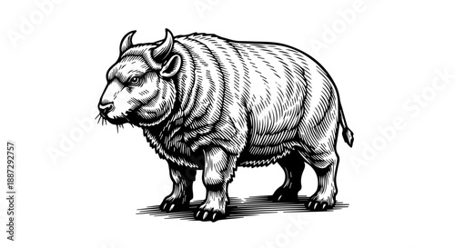 Black and white illustration of a powerful horned bison standing on all fours