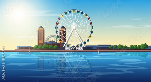 Sunset ferris wheel on navy pier with city skyline and lake reflection