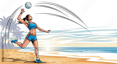 Woman in blue sports wear playing volleyball on sunny beach with palm trees