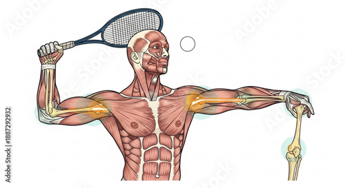 Anatomical human figure with exposed muscles and skeleton holding tennis racket poised to serve on white background
