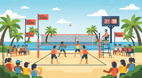 Beach volleyball game in progress with players and spectators on sunny day with palm trees