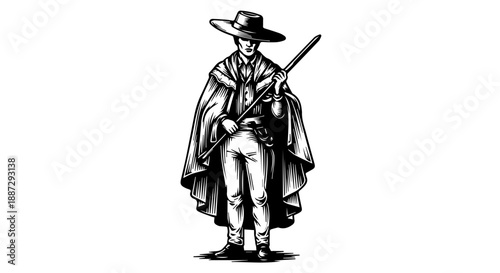 Black and white illustration of a confident male figure in period attire with a staff
