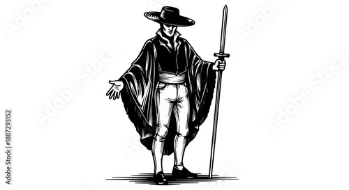 Black and white line-art illustration of a male figure in traditional attire holding a sword