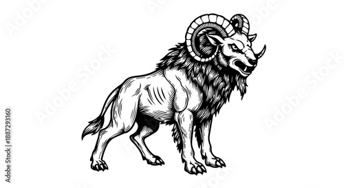Mythical hybrid creature with wolf and ram features, black and white illustration
