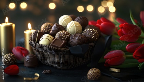 Assortment of gourmet chocolates fills a woven basket next to lit candles and vibrant red blossoms