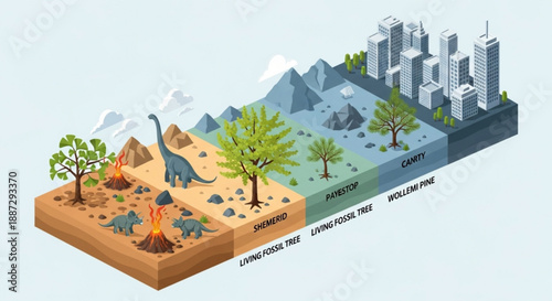 Geological layers with dinosaurs and cityscape evolution timeline