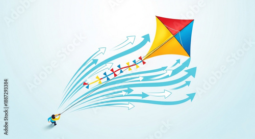 Person flying colorful kite with tail surrounded by arrows indicating wind direction and speed in a light blue background