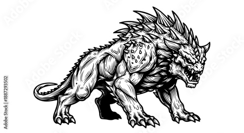 Mythical dragon-wolf creature illustration in black and white