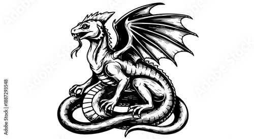 Mythical dragon in mid-flight with outstretched wings and intricate scales in black and white