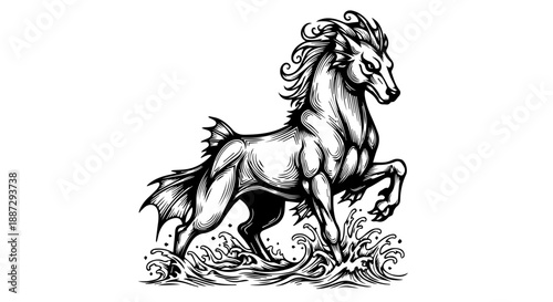 Black and white illustration of a mythical Pegasus in mid-gallop with wings partially unfurled
