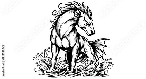 Mythical hybrid creature with horse and dragon features standing on hind legs with wings spread over turbulent sea