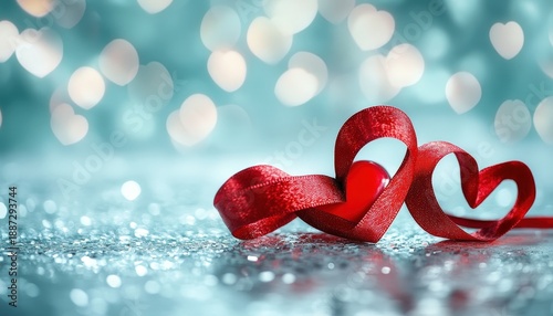 Two interwoven red hearts crafted from ribbon rest upon a sparkling surface with a soft bokeh background
