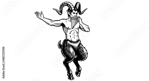 Black and white illustration of a mythical satyr with human torso and goat-like legs in a dynamic pose