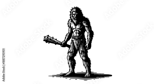 High-contrast black-and-white illustration of a muscular male warrior with a beard and leather armor holding a spiked mace