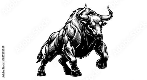 Black and white of a bull with expressive lines and dynamic pose