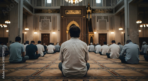 Muslims in prayer at mosque interior