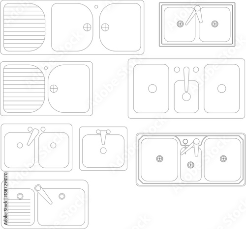 Vector collection of various kitchen sink designs in top view, featuring single and double basins with drainboards, perfect for architectural floor plans and kitchen layouts.