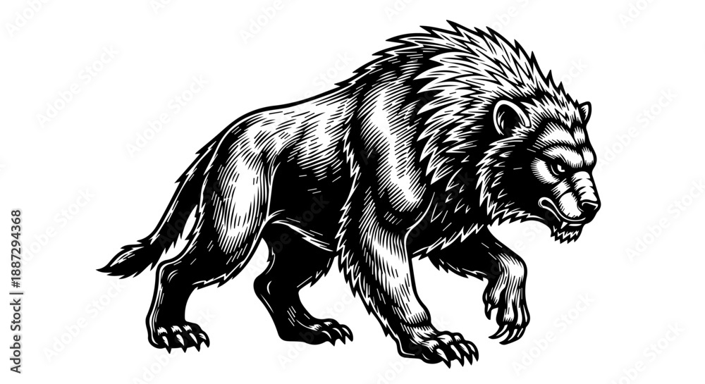 Obraz premium Black and white illustration of a powerful bear in a dynamic three-quarter pose