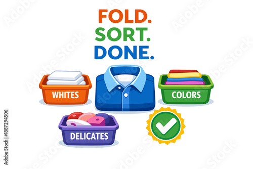 Laundry organization graphic with sections for whites, colors, and delicates