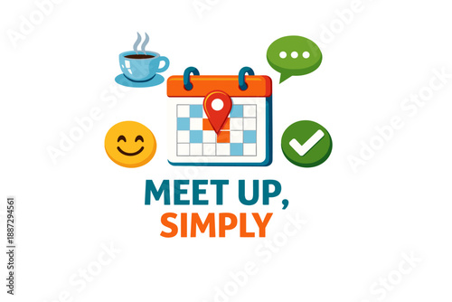Colorful meetup icon with calendar, smiley, coffee, and chat symbols
