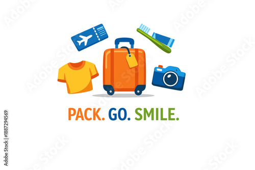 Travel essentials: suitcase, clothing, ticket, camera, toothbrush