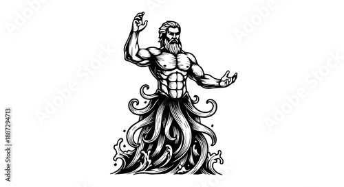 Muscular bearded male figure with raised arm in dynamic pose against swirling patterns