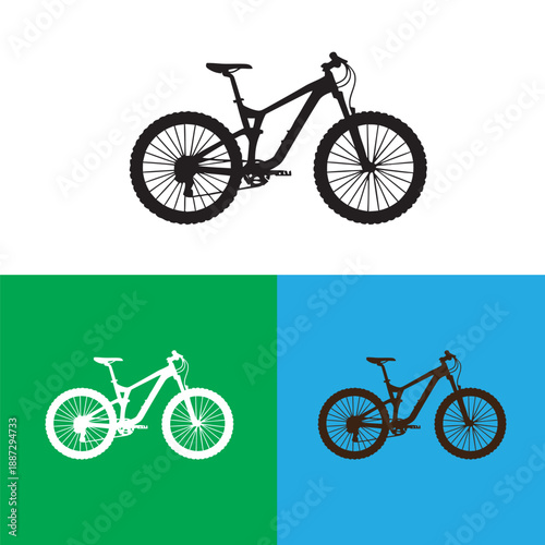 A clean mountain bike icon set featuring different MTB styles and color variations, including black, white, green, and blue designs