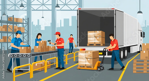 Logistics and distribution center with workers loading boxes onto a truck and conveyor belt system