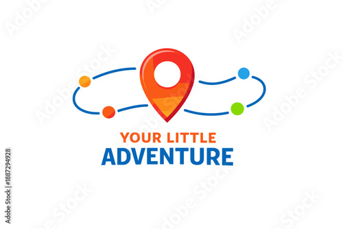 Colorful geolocation pin with connected dots and "your little adventure" text