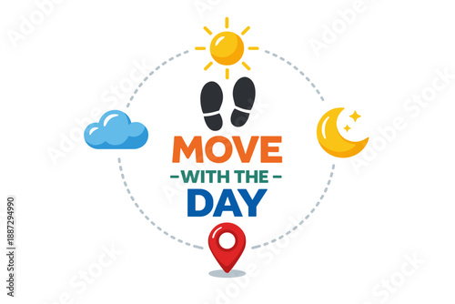 Dynamic day movement concept with sun, moon, cloud, and footprints