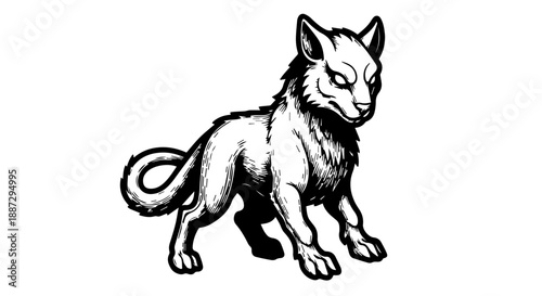 Stylized black and white line drawing of a lynx standing alert on all fours