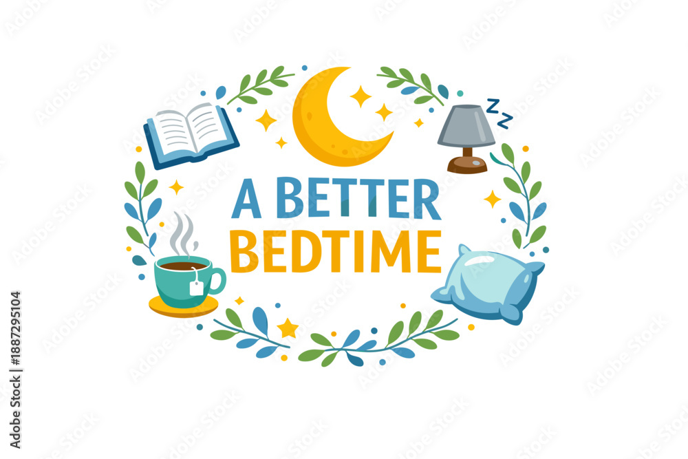 Naklejka premium A better bedtime routine: book, moon, lamp, mug, pillow icon set