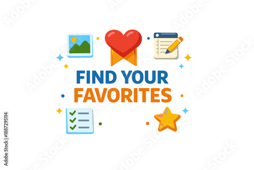 Find your favorites concept with heart, lists, and star icons