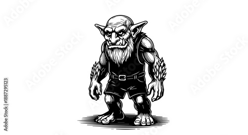 Mythical warrior with pointed ears, long beard, and weapons in battle-ready stance