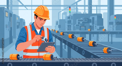 Industrial worker conducts quality control, inspecting components on factory conveyor with digital tablet for efficient production management