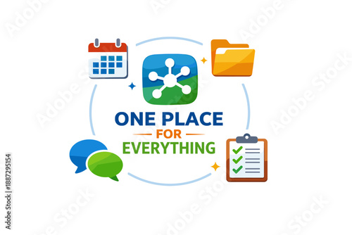 Centralized organization tools: calendar, folder, chat bubbles, checklist icon