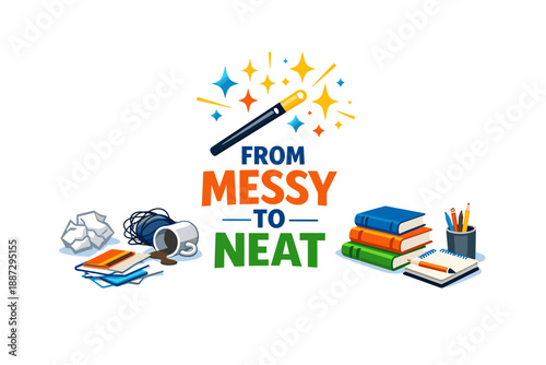 Transforming clutter into organization with magic wand graphic concept