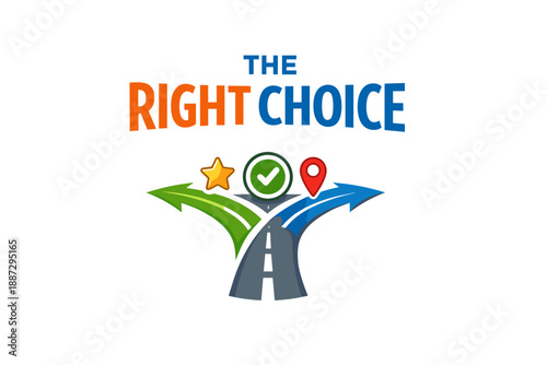 The right choice conceptual roadmap with checkmark, star, location icon